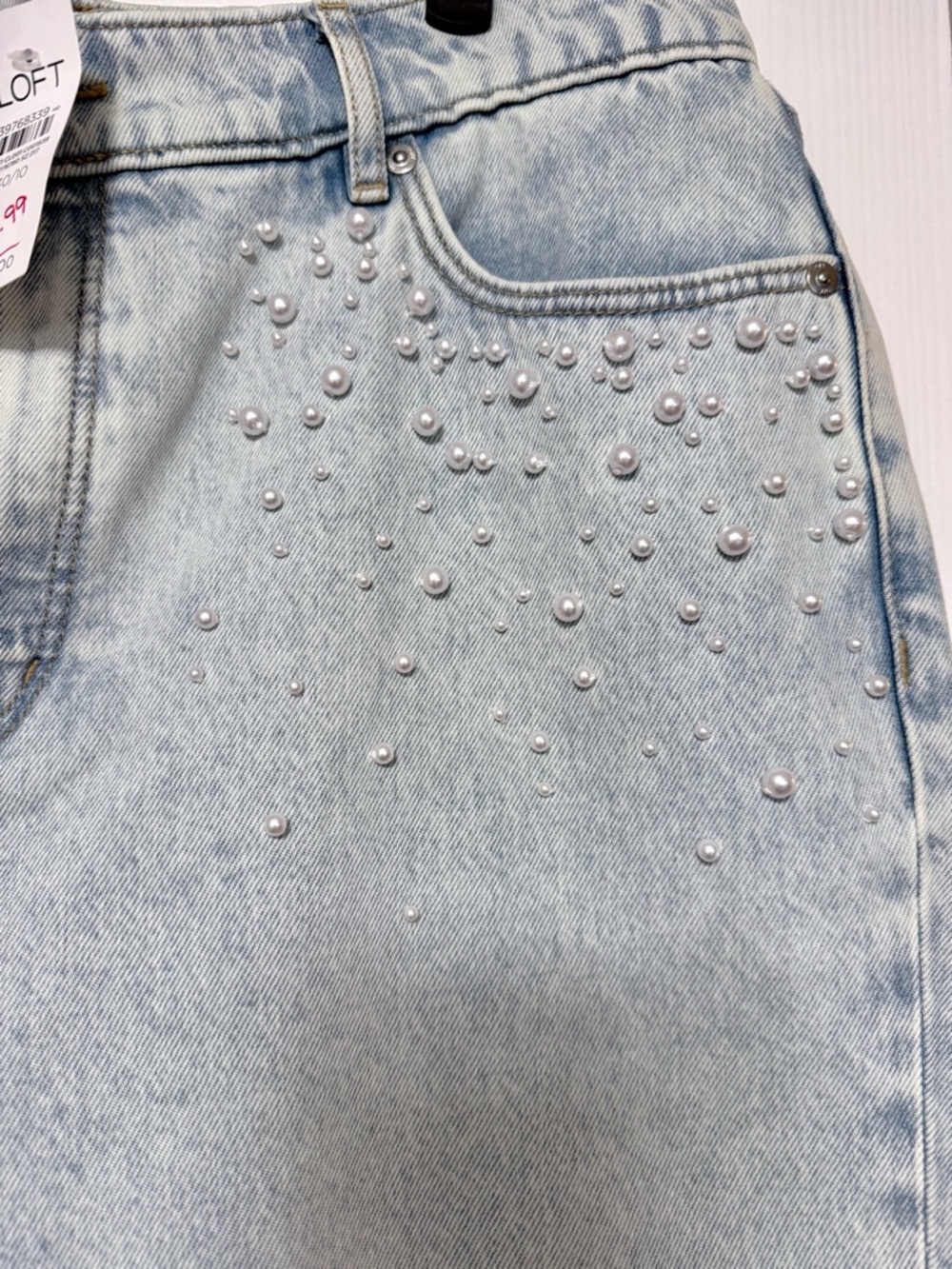 LOFT Light Blue High-Rise Jeans with Pearl Studs